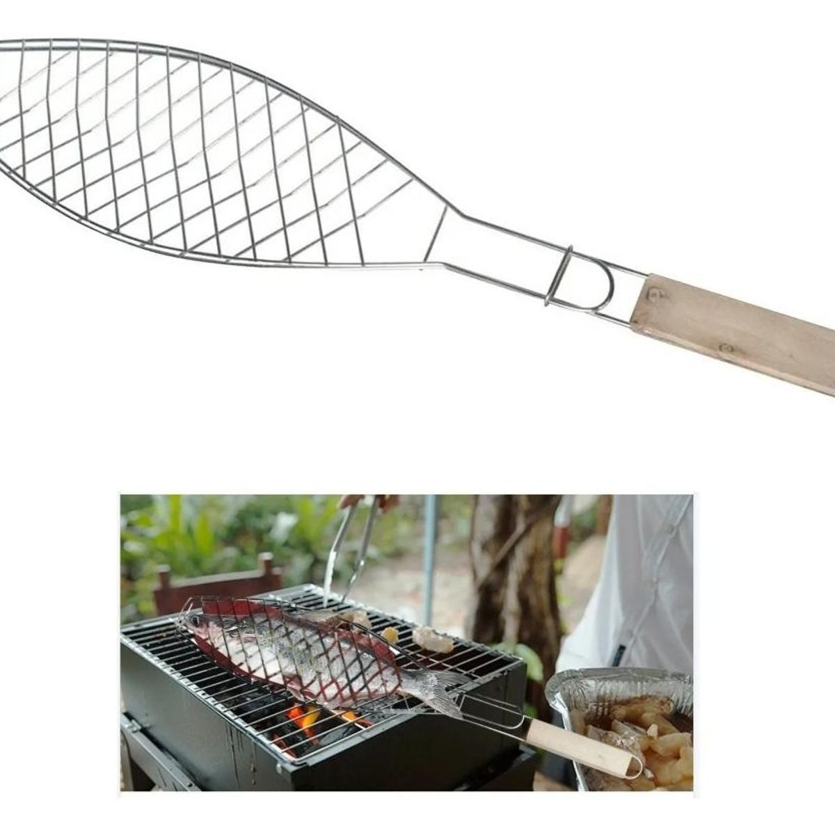 GENERICO - Rejilla para Parrilla de Pescado con Mango de Madera