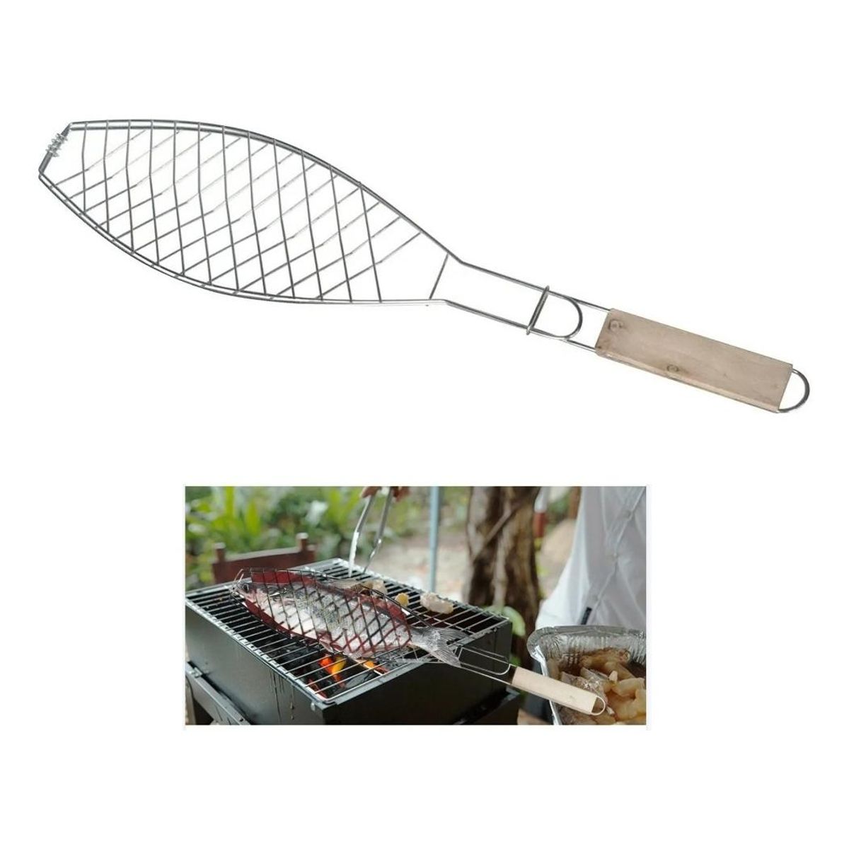 GENERICO - Rejilla para Parrilla de Pescado con Mango de Madera
