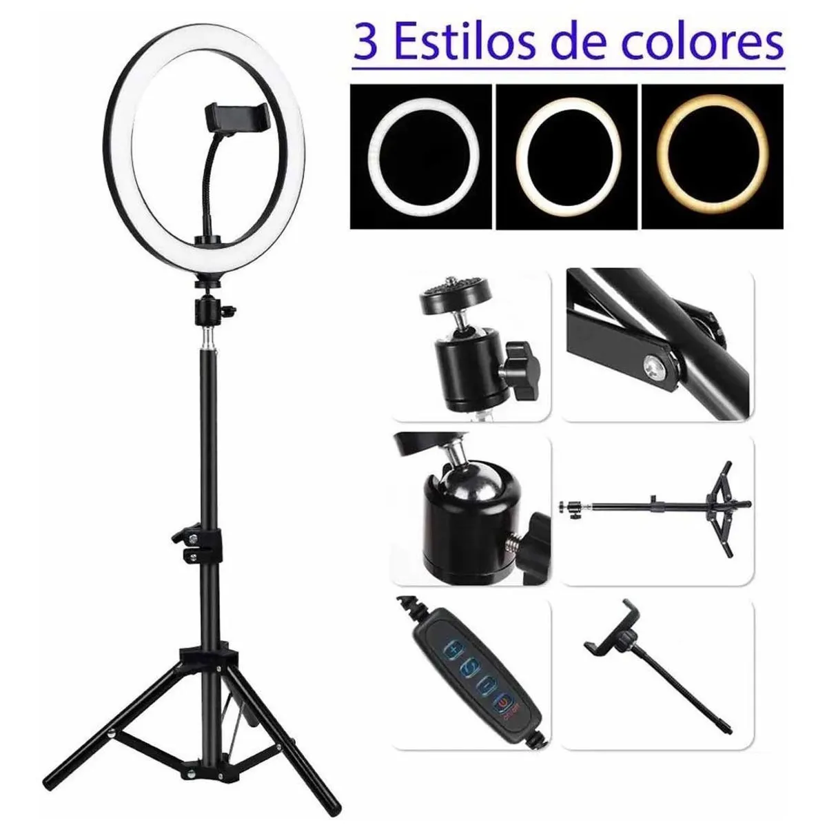 GENERICO - Aro De Luz LED De 26 cm Con Trípode Ajustable De 21 m