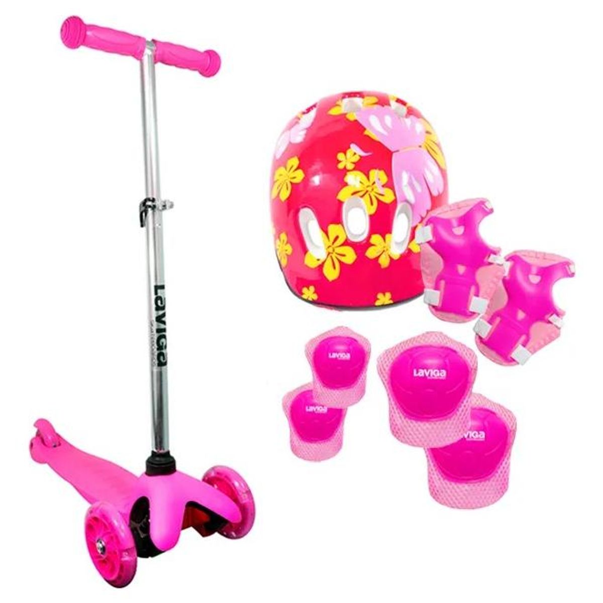 GENERICO - Scooter Patín Infantil Rosa Mariposas con Casco y Protecciones