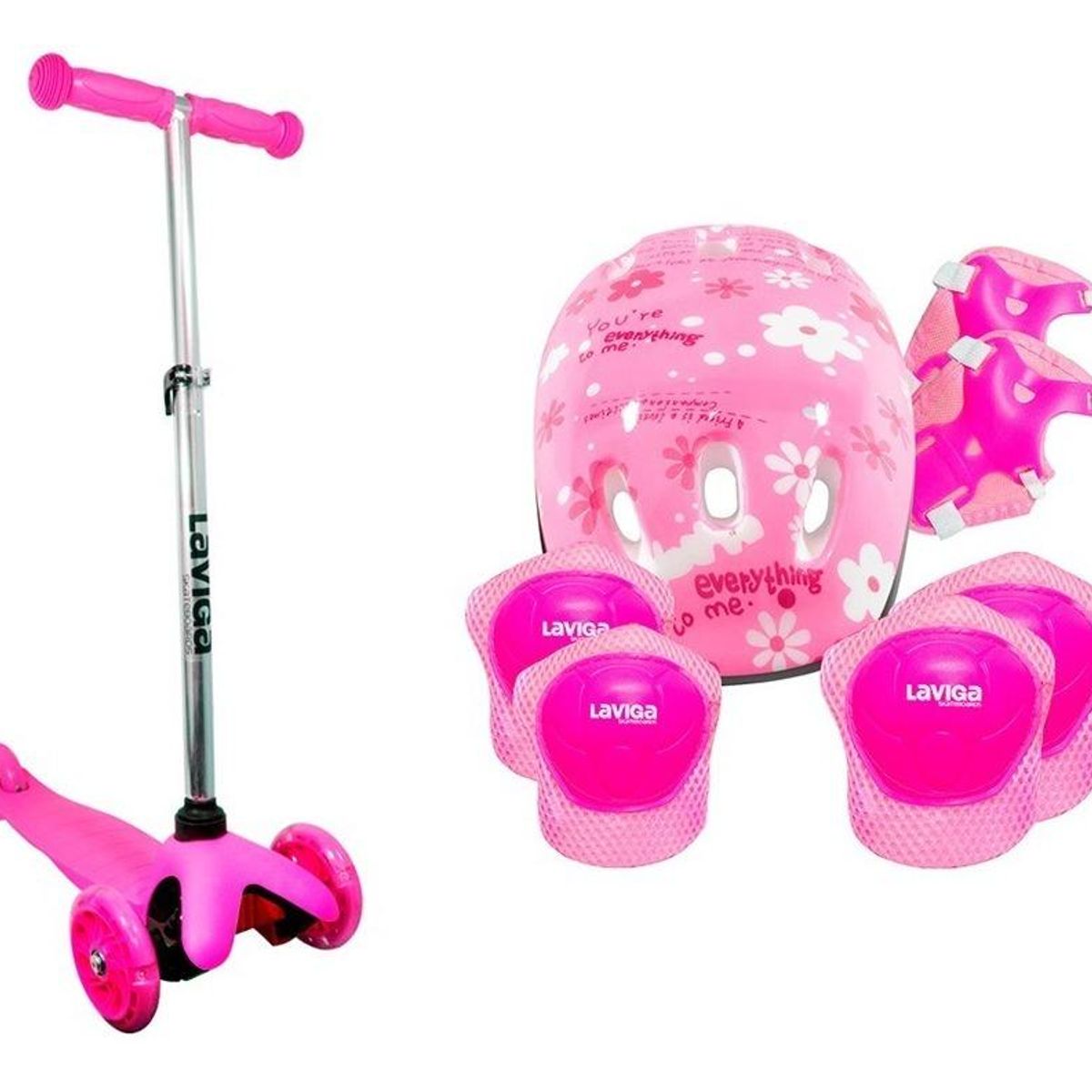 GENERICO - Scooter Patín Ajustable Rosa Flores con Casco y Protecciones