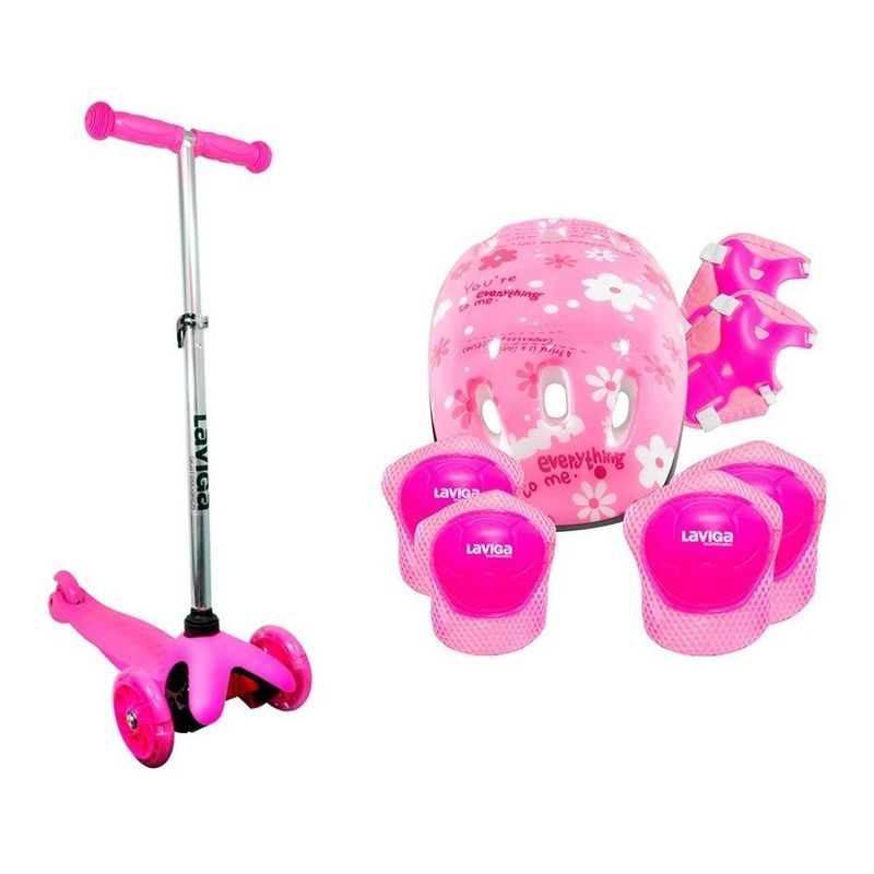 GENERICO - Scooter Patín Ajustable Rosa Flores con Casco y Protecciones