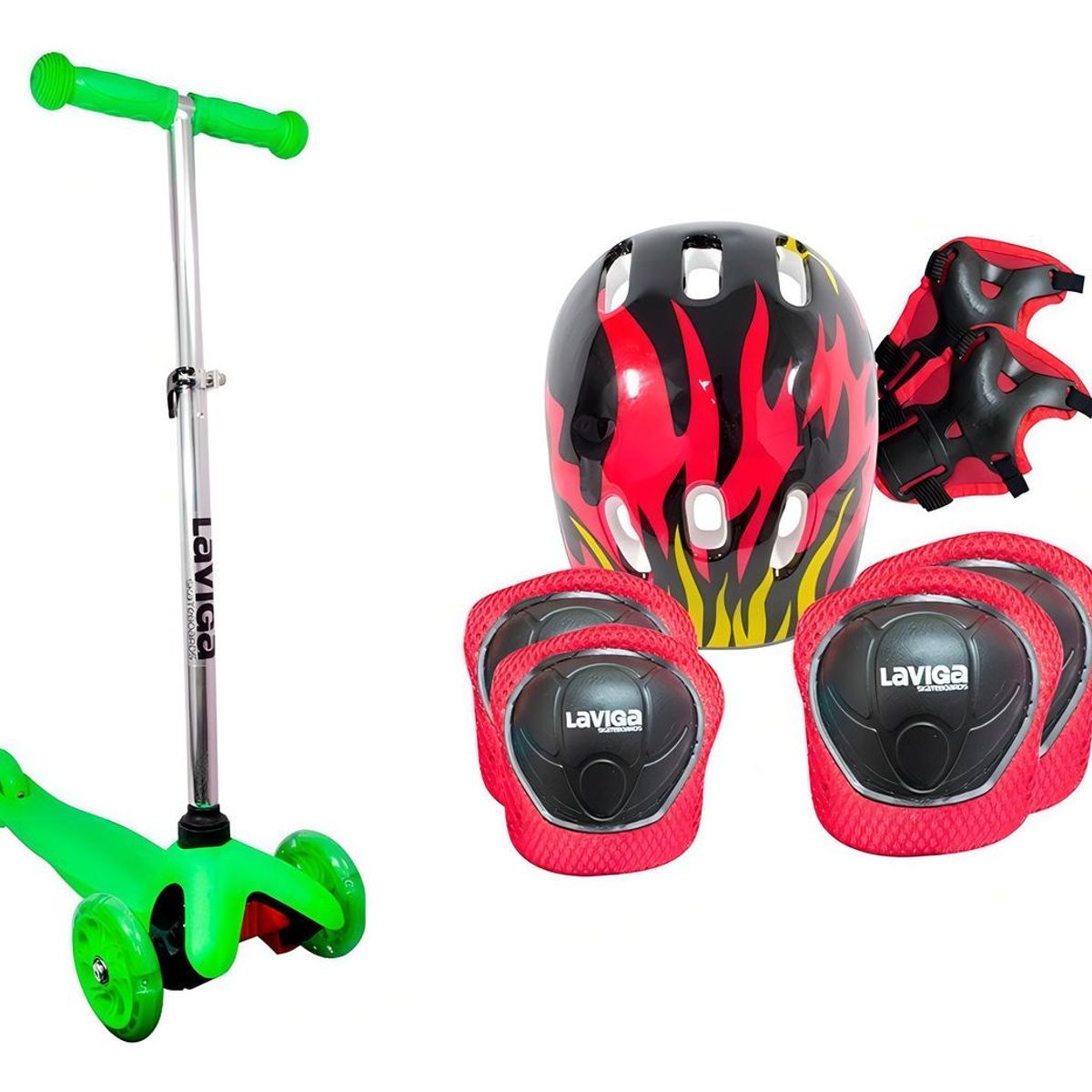 GENERICO - Scooter Patín Infantil Ajustable con Casco y Protecciones VerdeNegro.