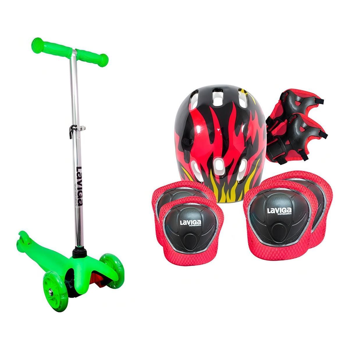 GENERICO - Scooter Patín Infantil Ajustable con Casco y Protecciones VerdeNegro.