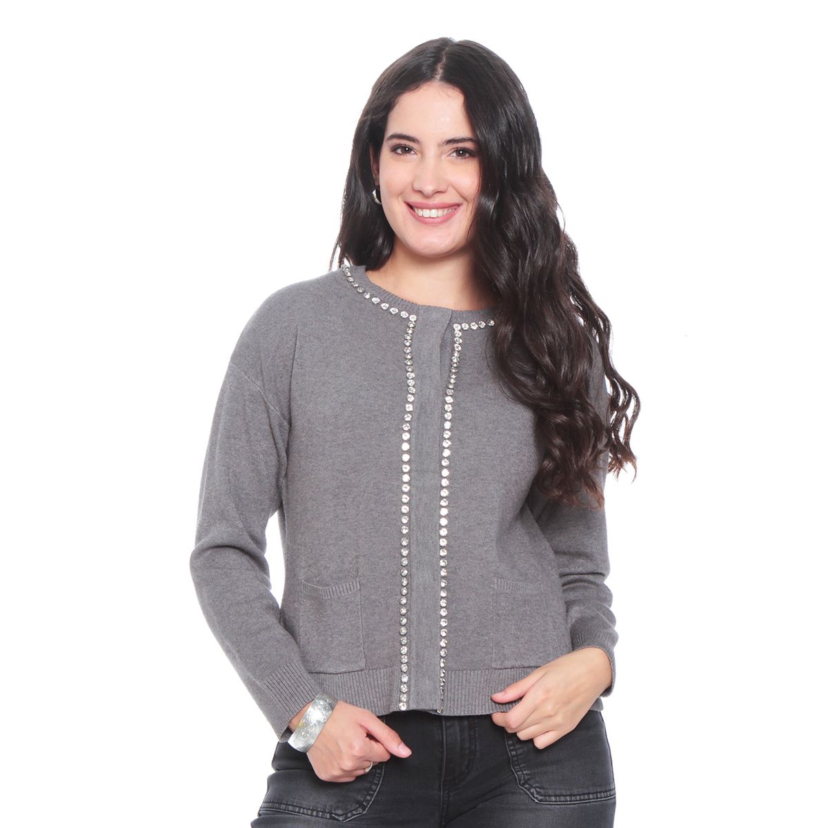 WADOS - CHALECO MANGA LARGA SOLIDO CON BOLSILLOS Y APLICACION EN DELANTERO