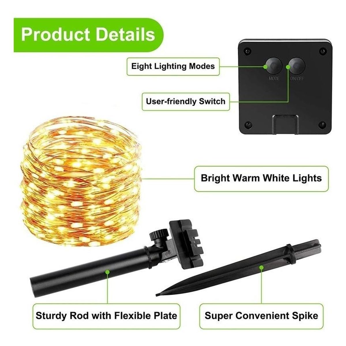 GENERICO - Guirnalda Solar de 100 LED Cálidos 10 Metros de Longitud