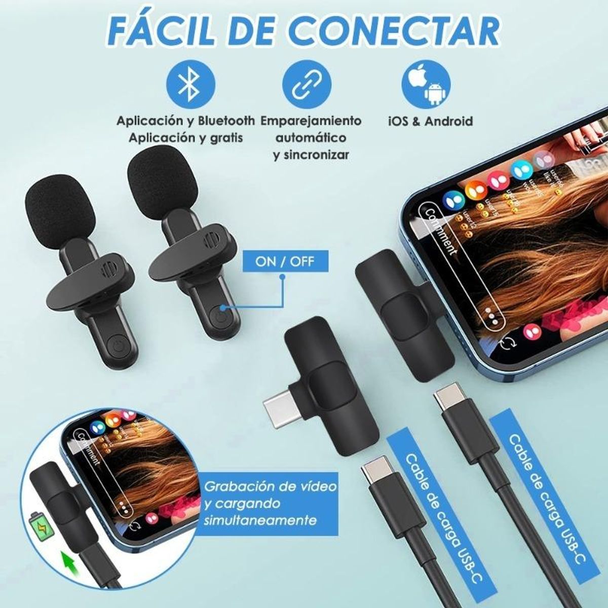 GENERICO - Micrófono Lavalier Inalámbrico Doble para iPhone iPad y Android