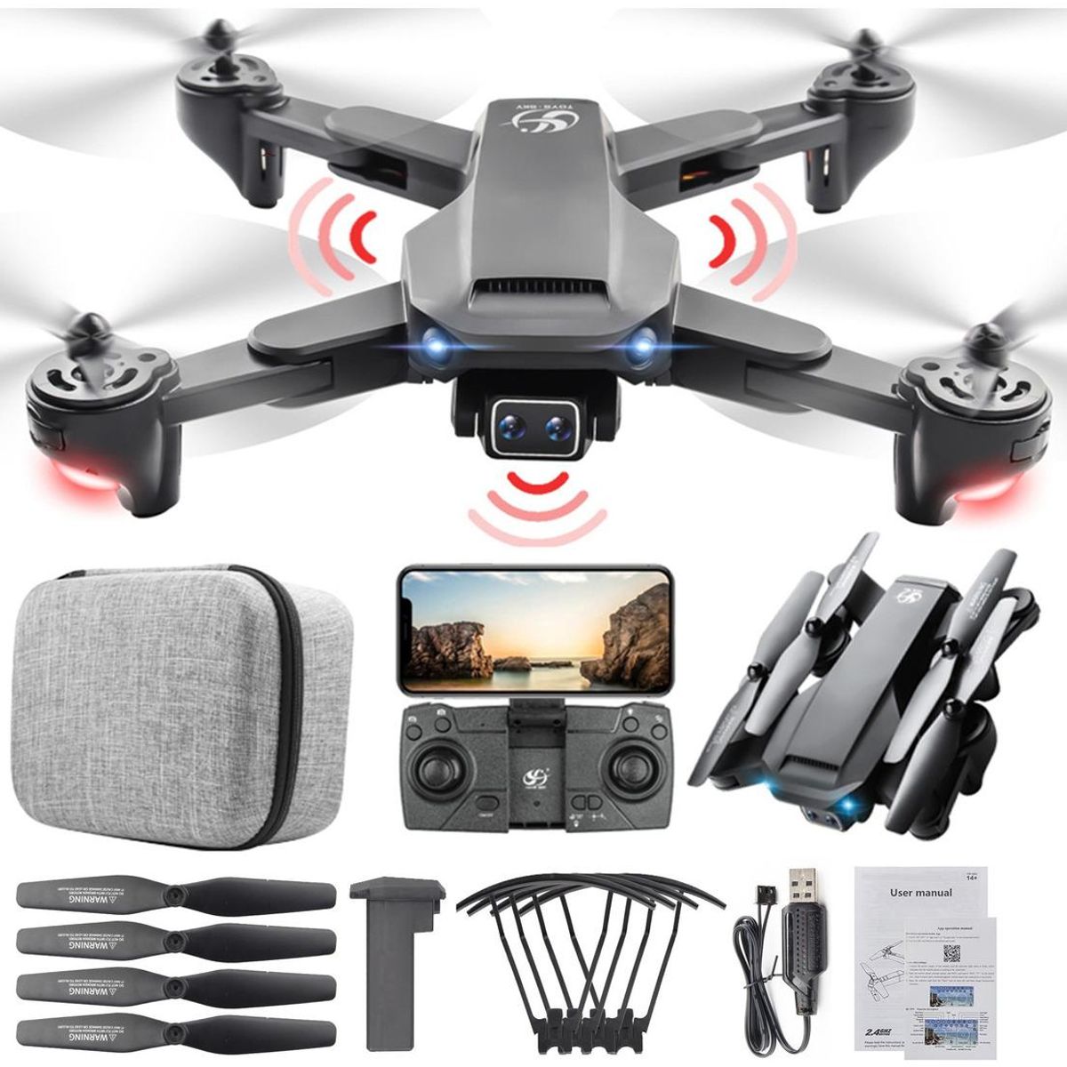 GENERICO - Dron FPV Plegable con Cuatro Cámaras 1080P y Control de Gestos