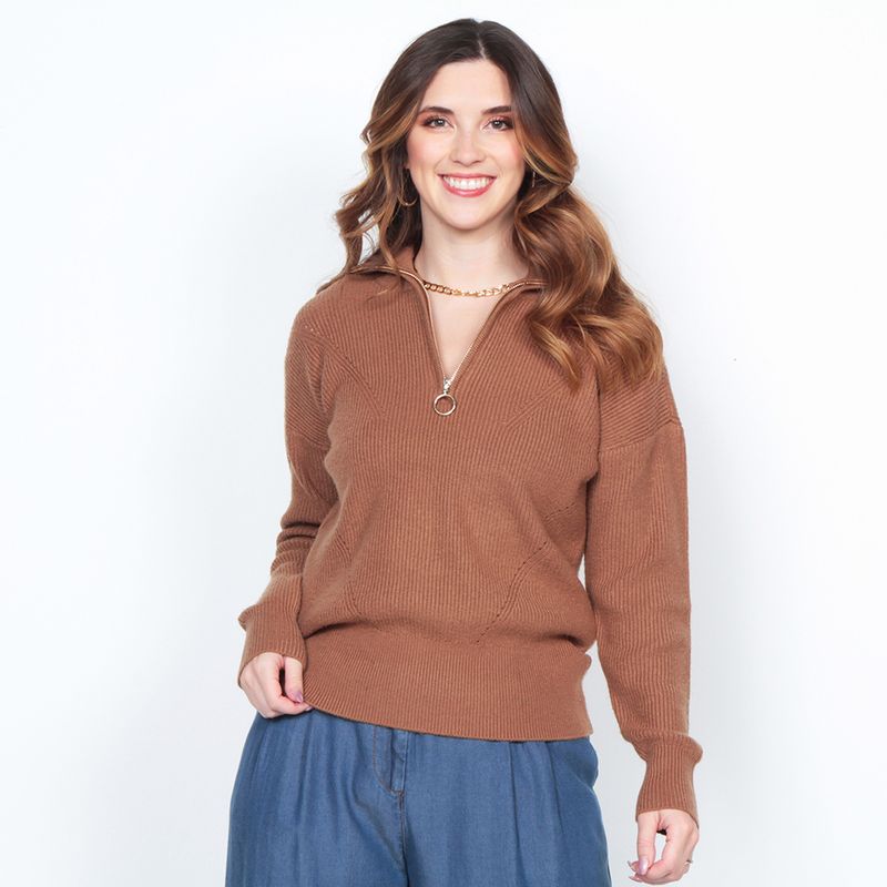 WADOS - SWEATER MANGA LARGA SOLIDO CON CUELLO ALTO Y CIERRE EN DELANTERO