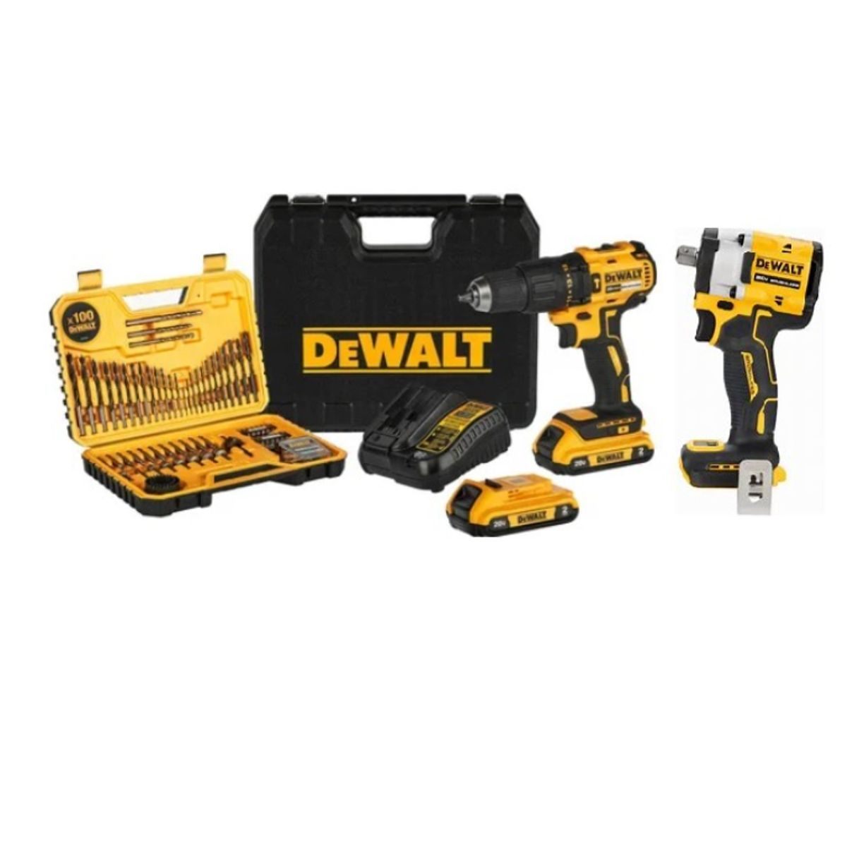 DEWALT - Kit Taladro Percutor Atorn. Dcd7781d2 + 2 Baterías + Llave Impacto Dcf922bb3 + 100 piezas