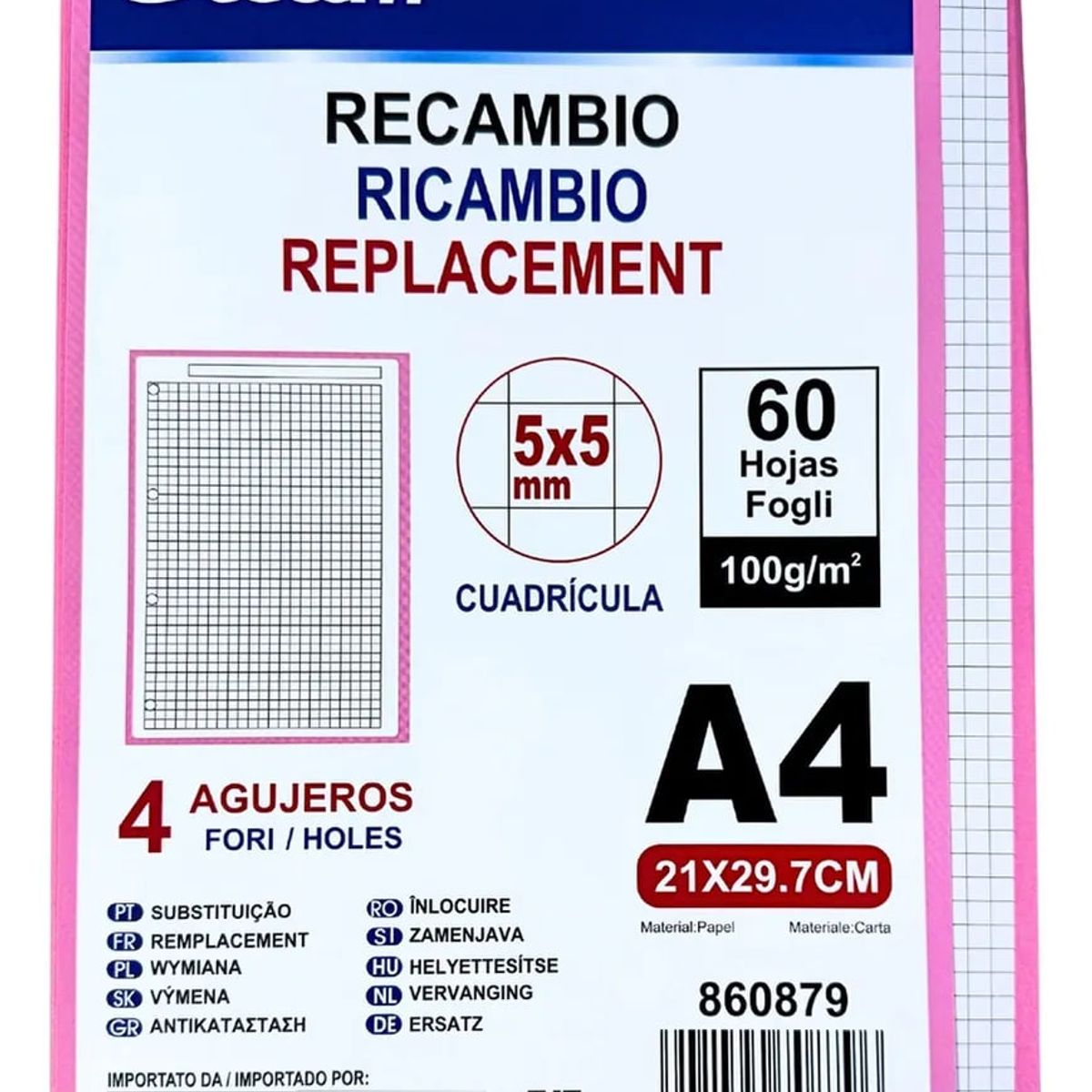 GENERICO - Hojas De Recambio A4 Cuadrícula 5 mm 4 Agujeros,100 g 60 h