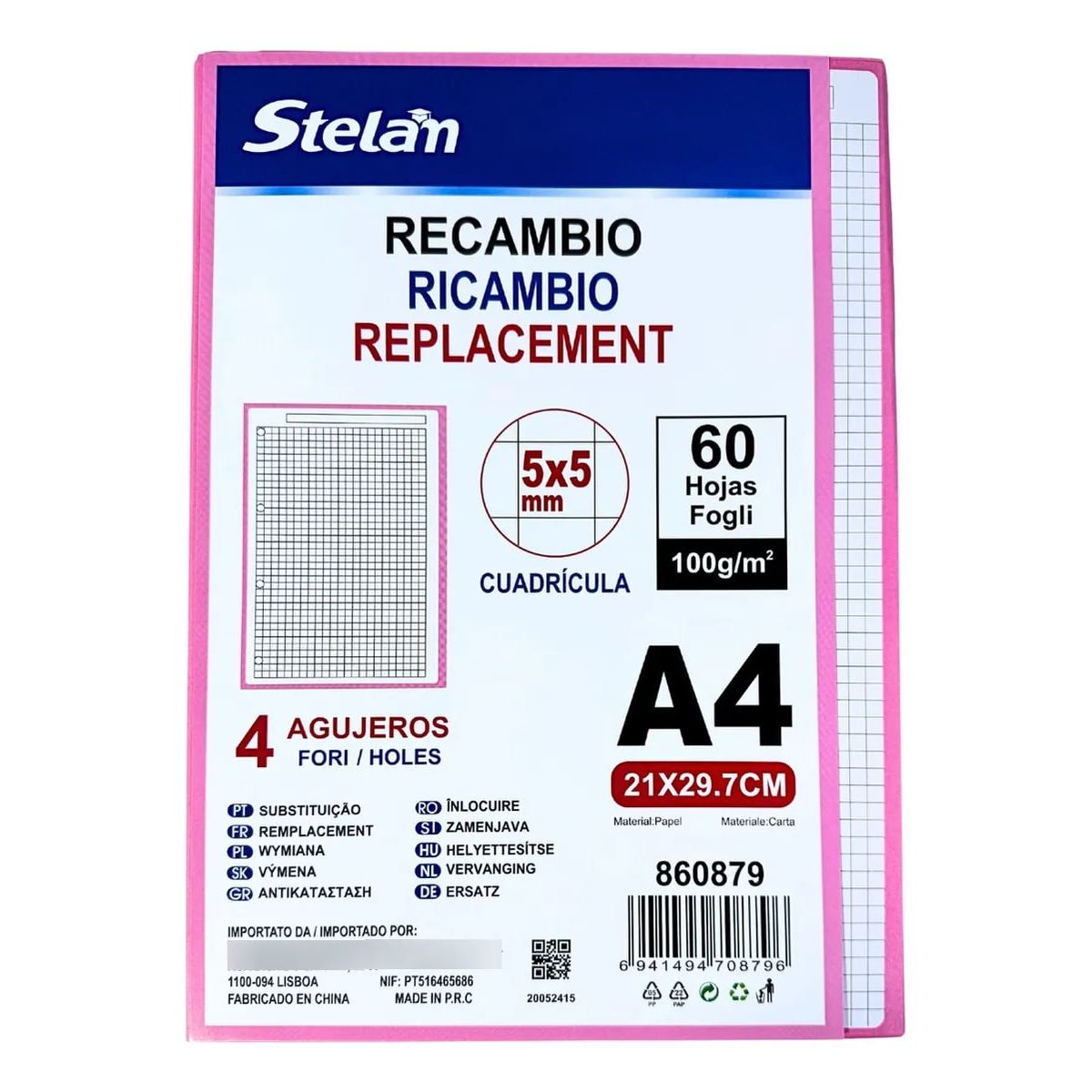 GENERICO - Hojas De Recambio A4 Cuadrícula 5 mm 4 Agujeros,100 g 60 h