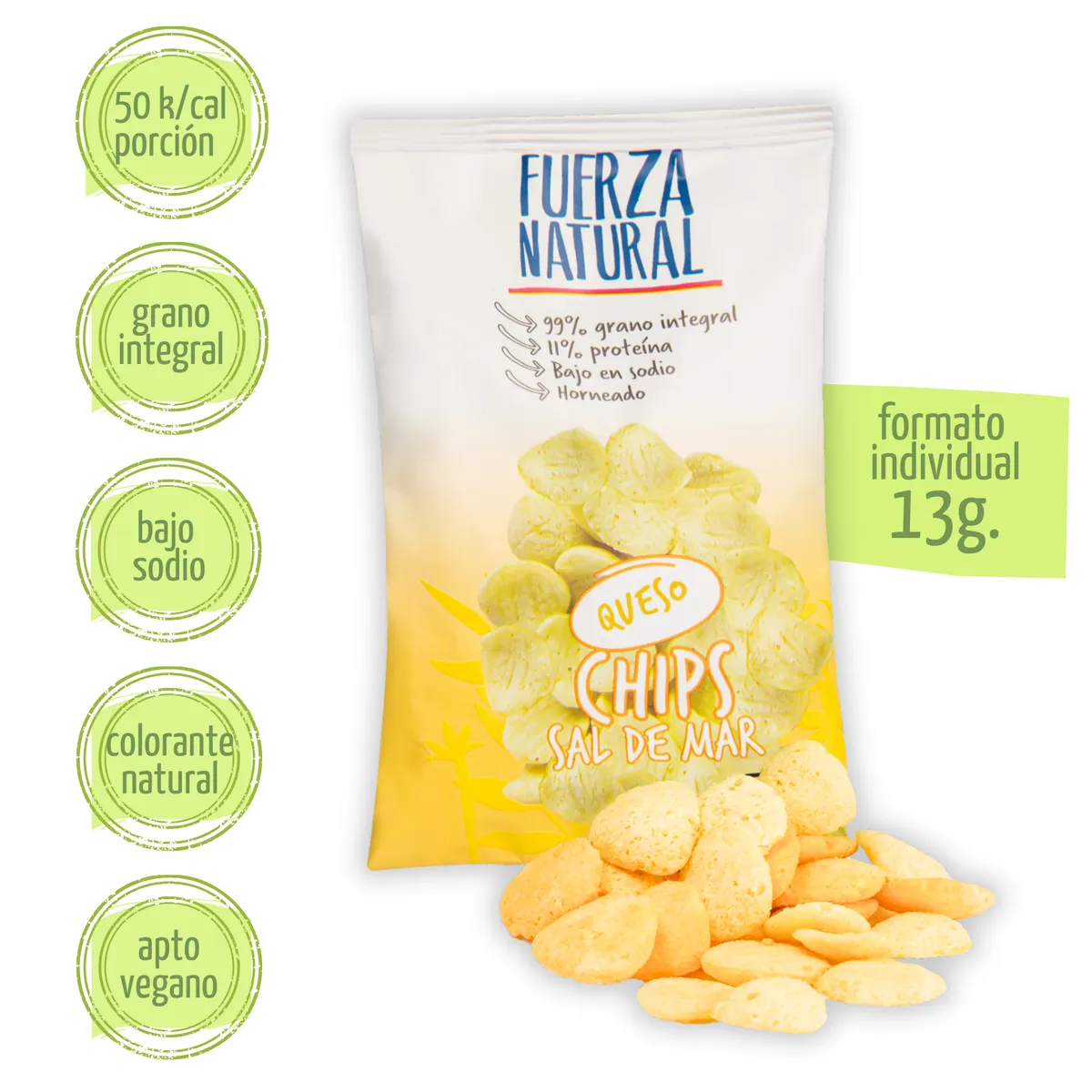 FUERZA NATURAL - Chips Sal de Mar 13g Queso Fuerza Natural Pack x12