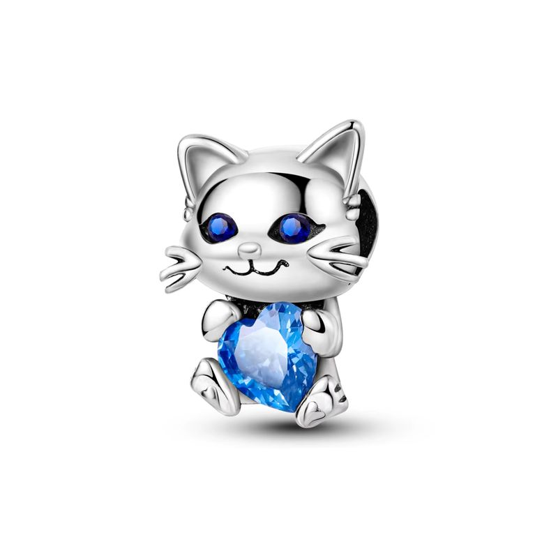 SILVER HEART - Charm Gatito Tierno y Corazón Azul en Plata Fina 925 SILVER HEART