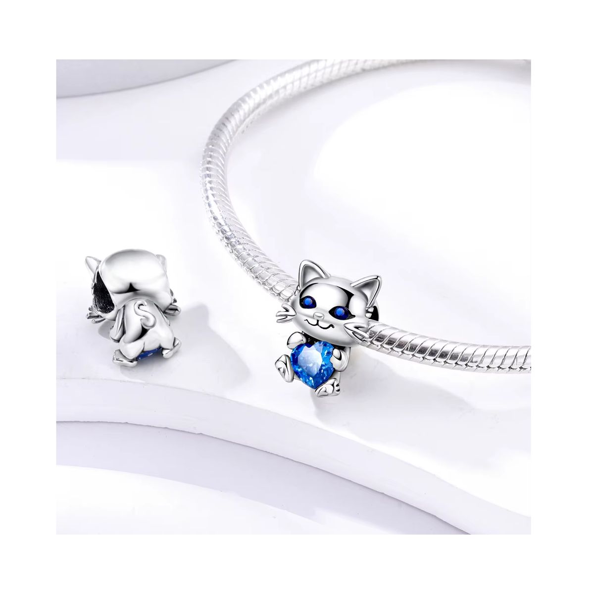 SILVER HEART - Charm Gatito Tierno y Corazón Azul en Plata Fina 925 SILVER HEART