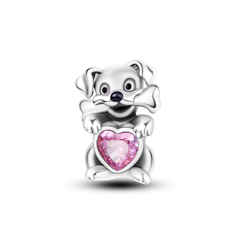 SILVER HEART - Charm Perrito Tierno y Corazón Rosa en Plata Fina 925 SILVER HEART