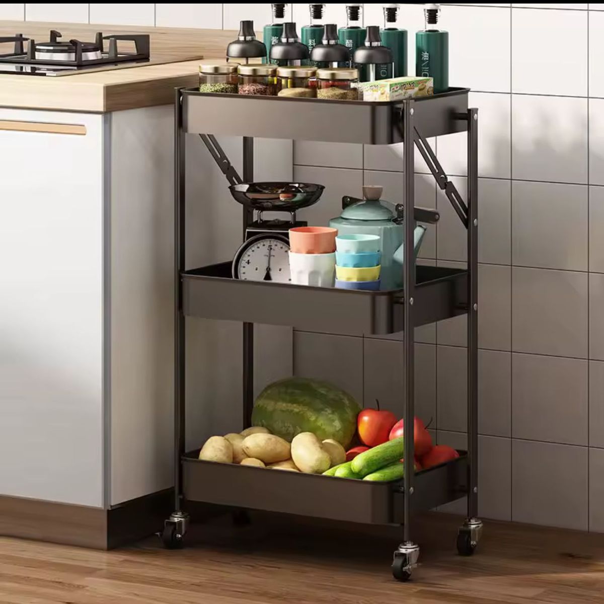 GENERICO - Carro Organizador De Verduras Fruta Hogar 3 Nivel Metálico Negro