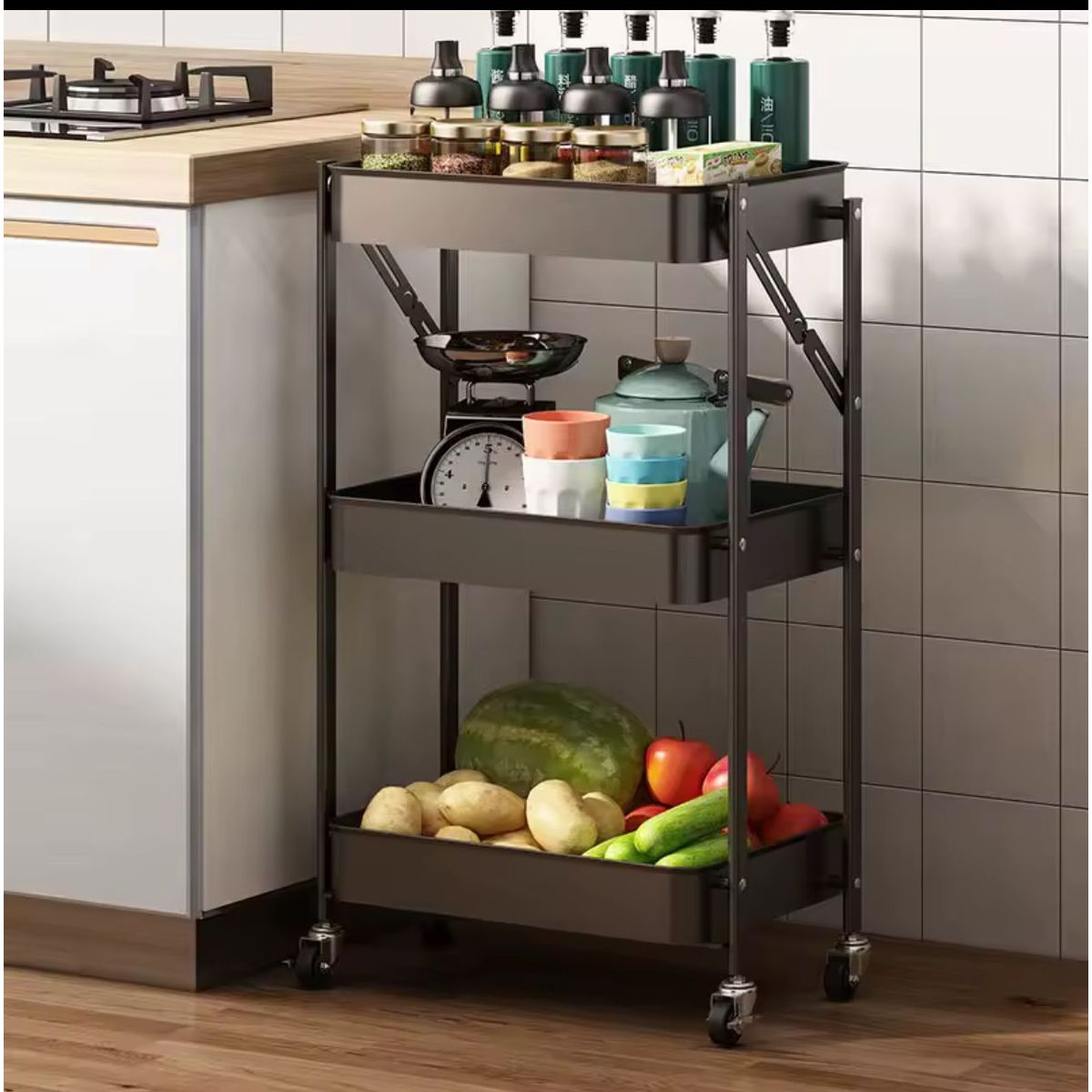 GENERICO - Carro Organizador De Verduras Fruta Hogar 3 Nivel Metálico Negro