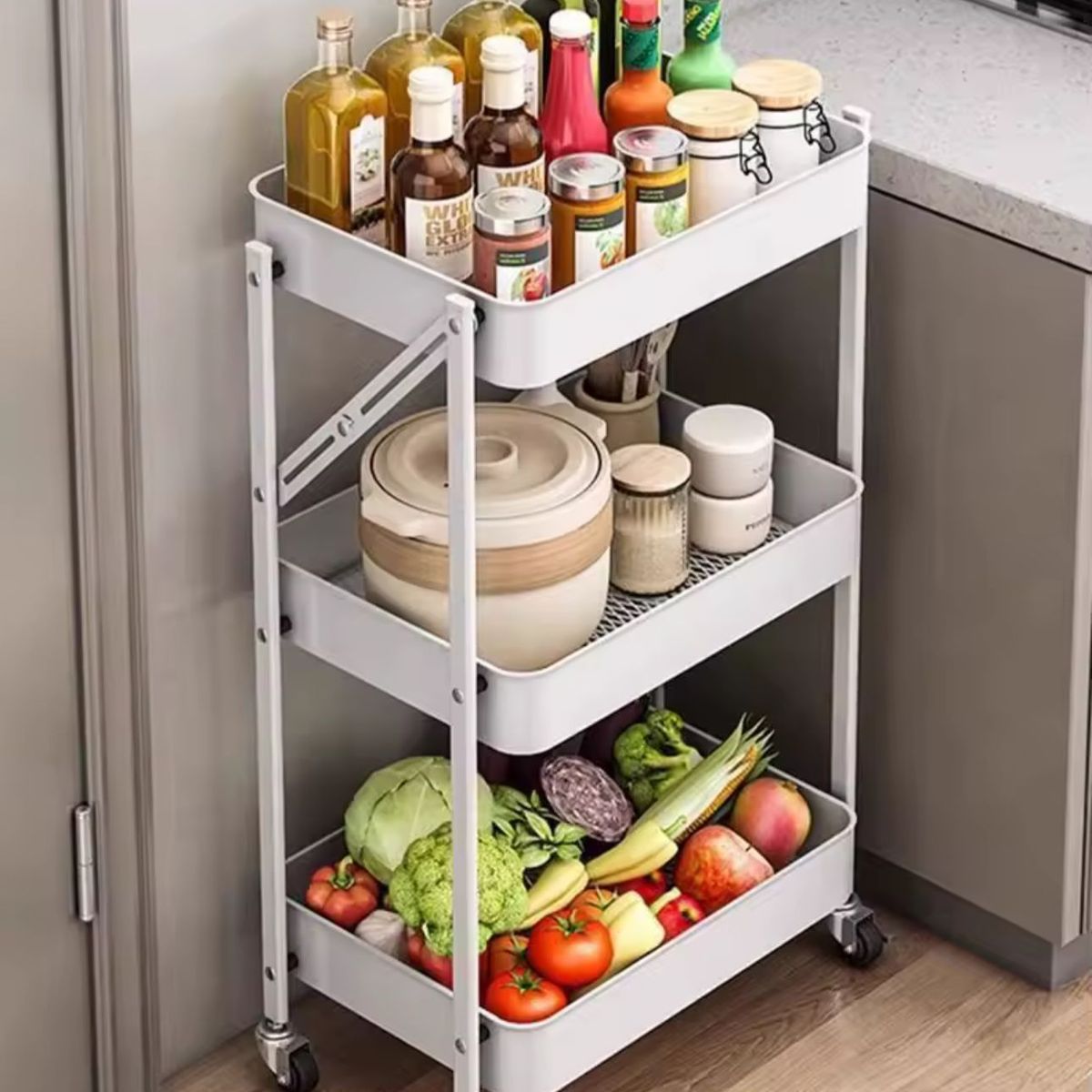 GENERICO - Carro Organizador De Verduras Fruta Hogar 3 Nivel Metálico Blanco