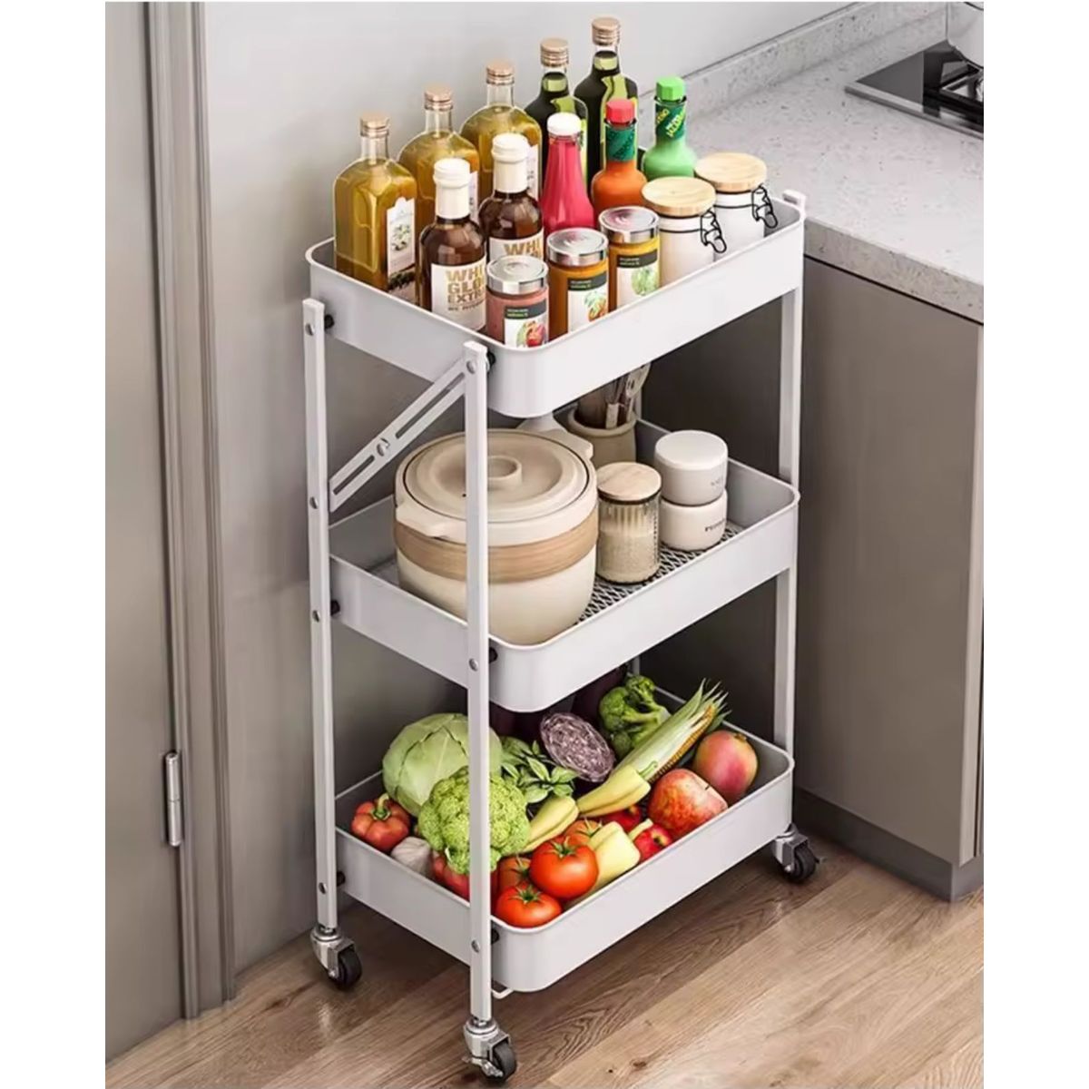 GENERICO - Carro Organizador De Verduras Fruta Hogar 3 Nivel Metálico Blanco