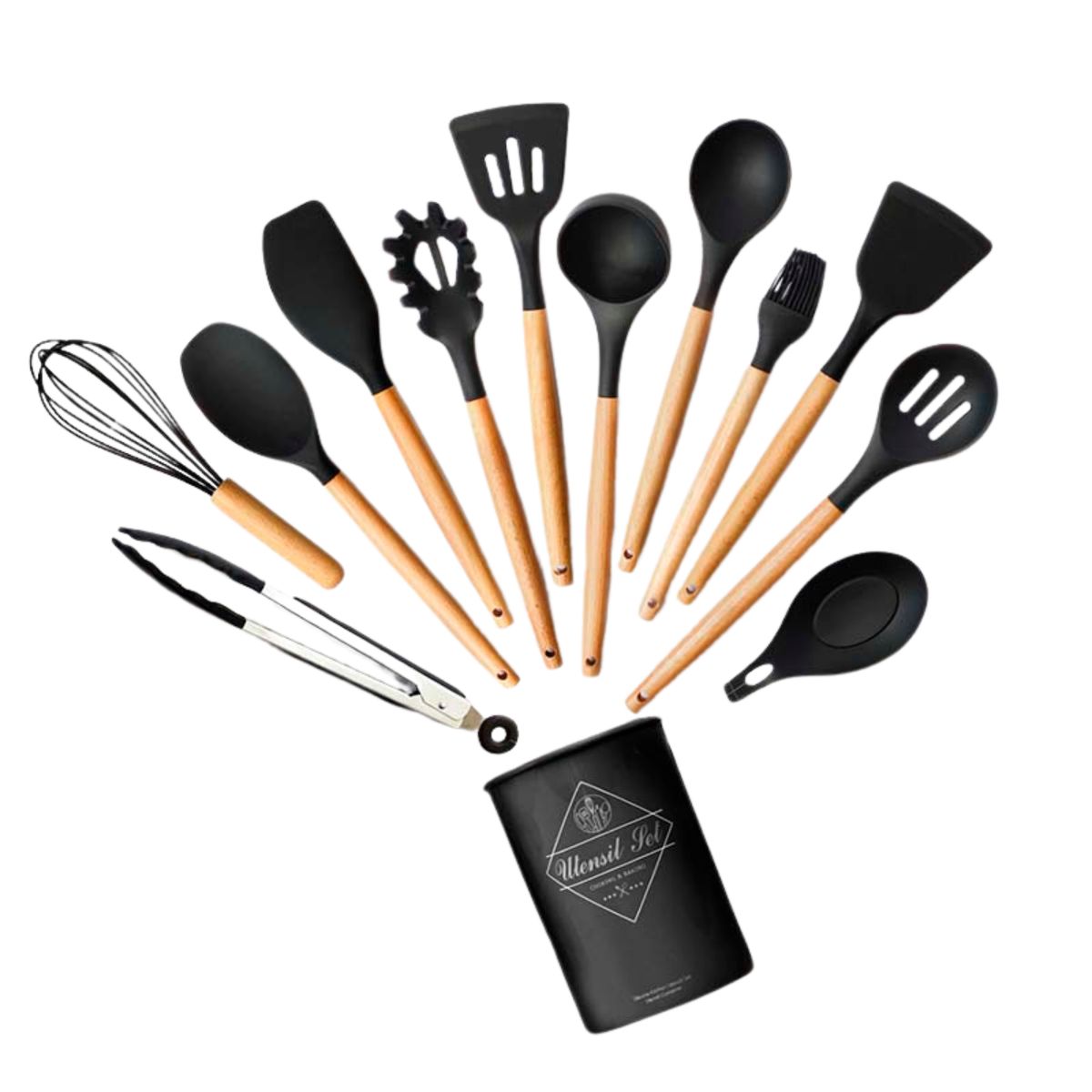 GENERICO - Set de Utensilios de Silicona y Madera para Cocina Negro