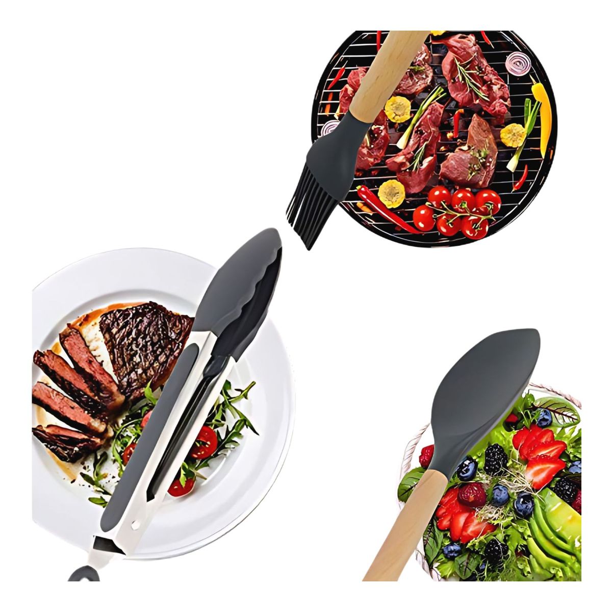 GENERICO - Set de Utensilios de Silicona y Madera para Cocina Gris