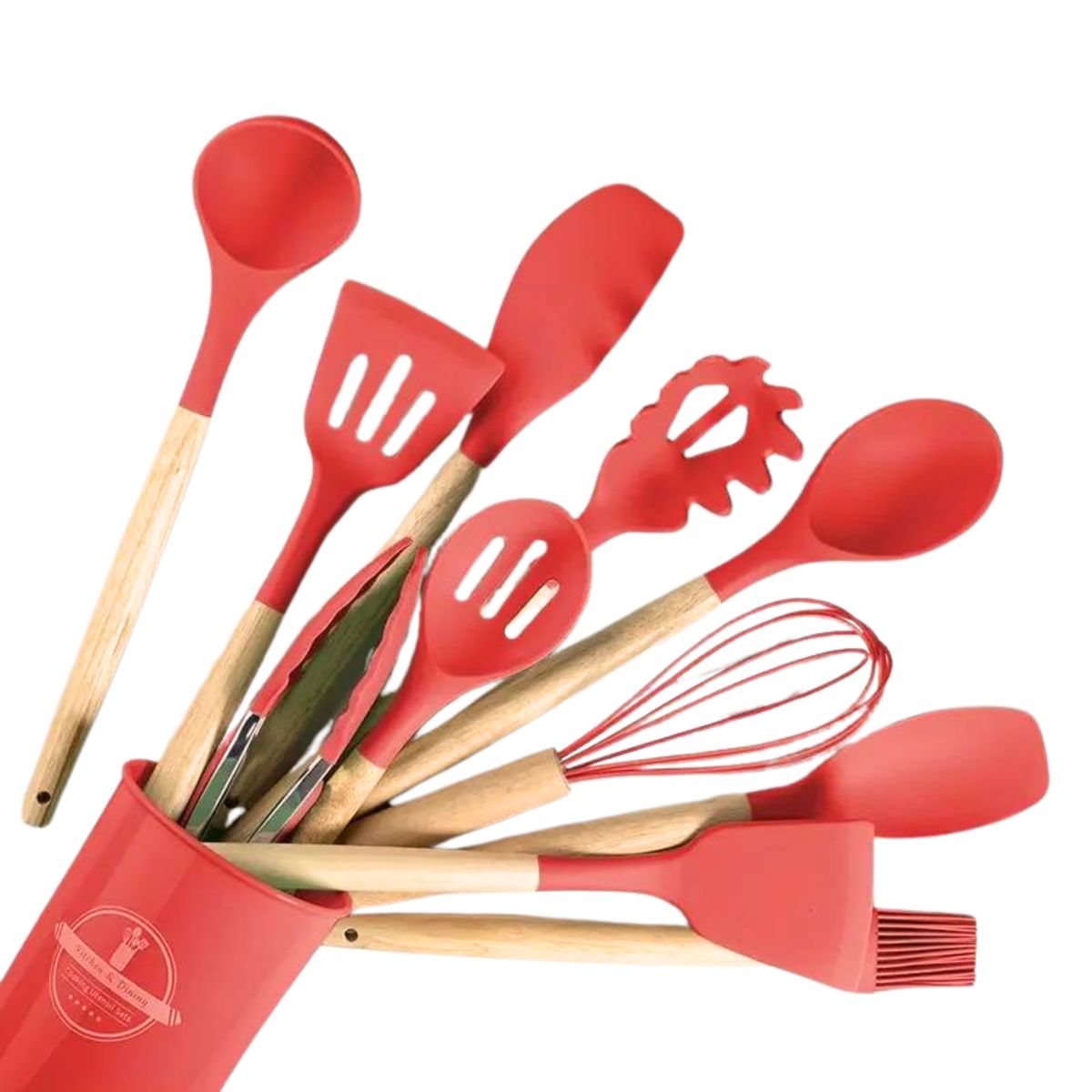 GENERICO - Set de Utensilios de Silicona y Madera para Cocina Rojo