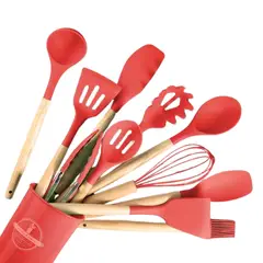 GENERICO - Set de Utensilios de Silicona y Madera para Cocina Rojo