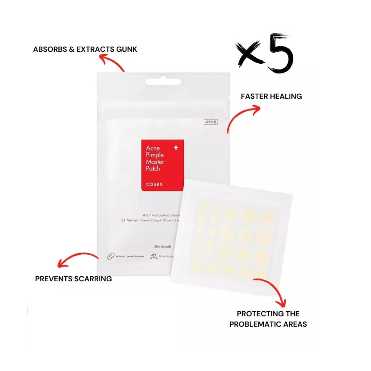 COSRX - Pack de 5 sobres con 24 parches cada uno hidrocoloides para espinillas COSRX