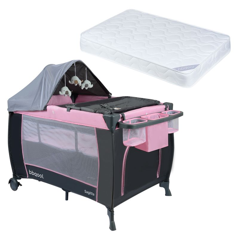 BBQOOL - Cuna Playard Sagitta Pink + Colchón de Espuma