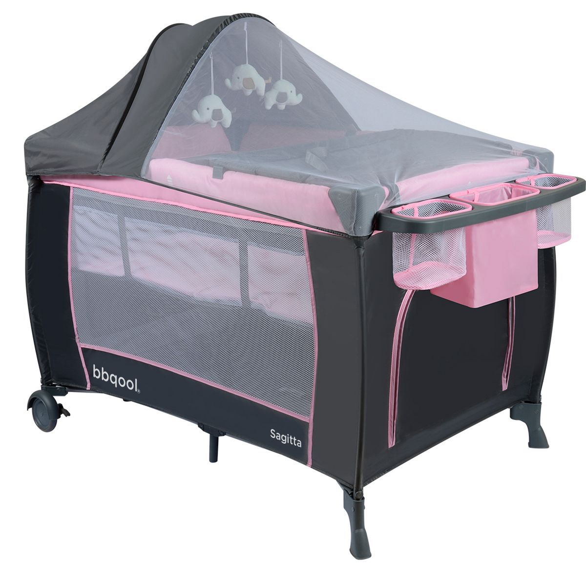 BBQOOL - Cuna Playard Sagitta Pink + Colchón de Espuma