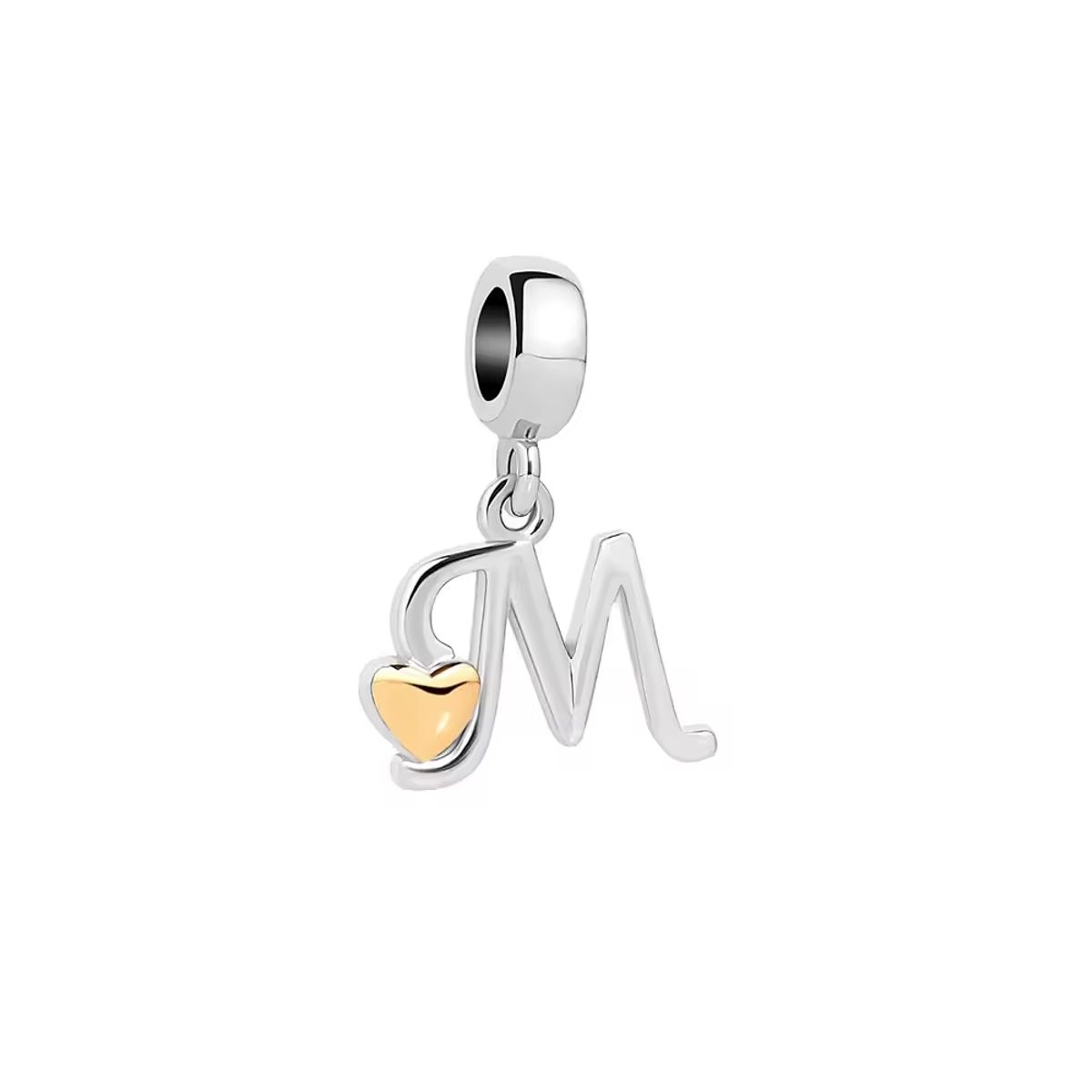 SILVER HEART - Charm Letra M con Corazón Dorado en Plata Fina 925 SILVER HEART