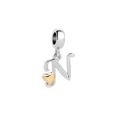 SILVER HEART - Charm Letra N con Corazón Dorado en Plata Fina 925
