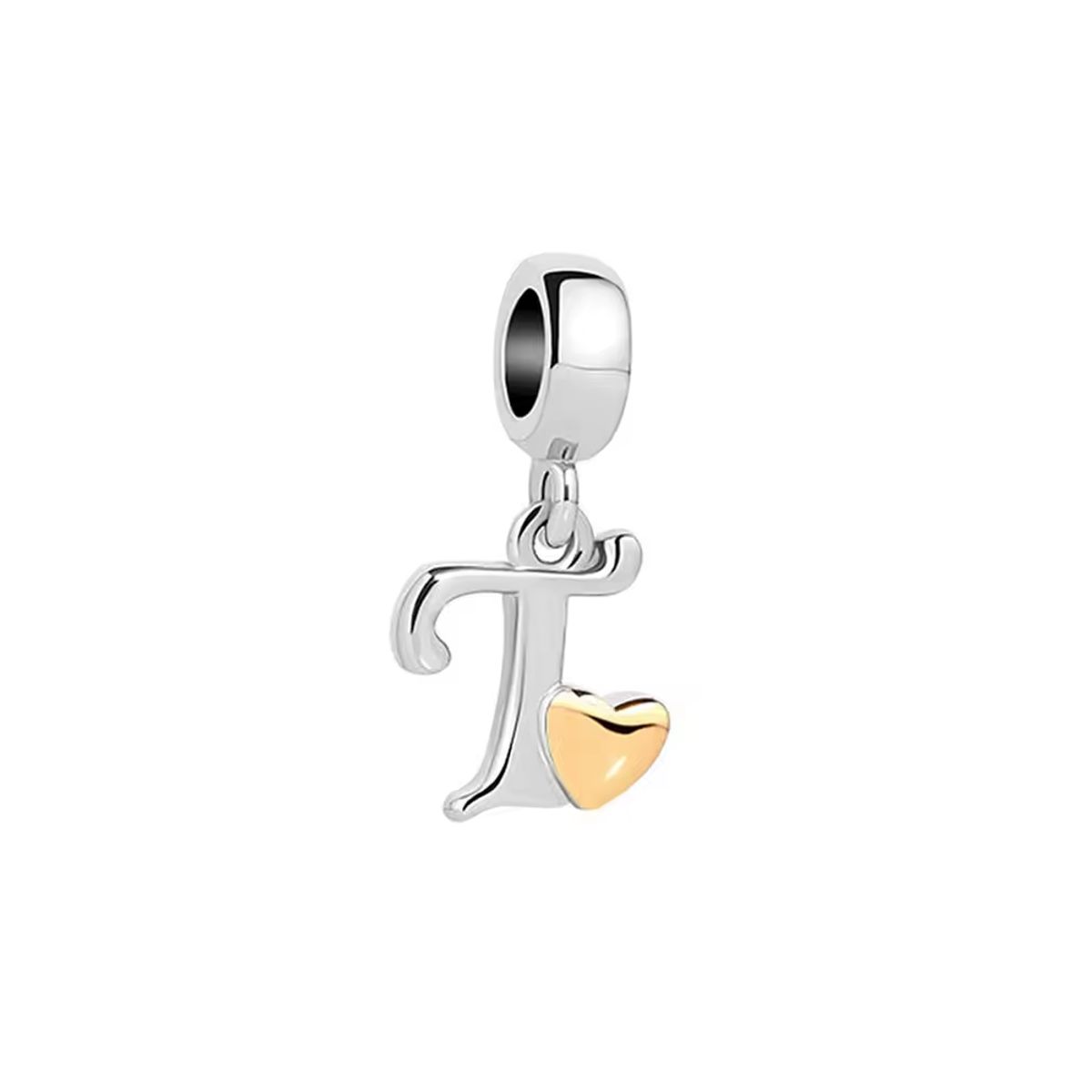 SILVER HEART - Charm Letra T con Corazón Dorado en Plata Fina 925 SILVER HEART