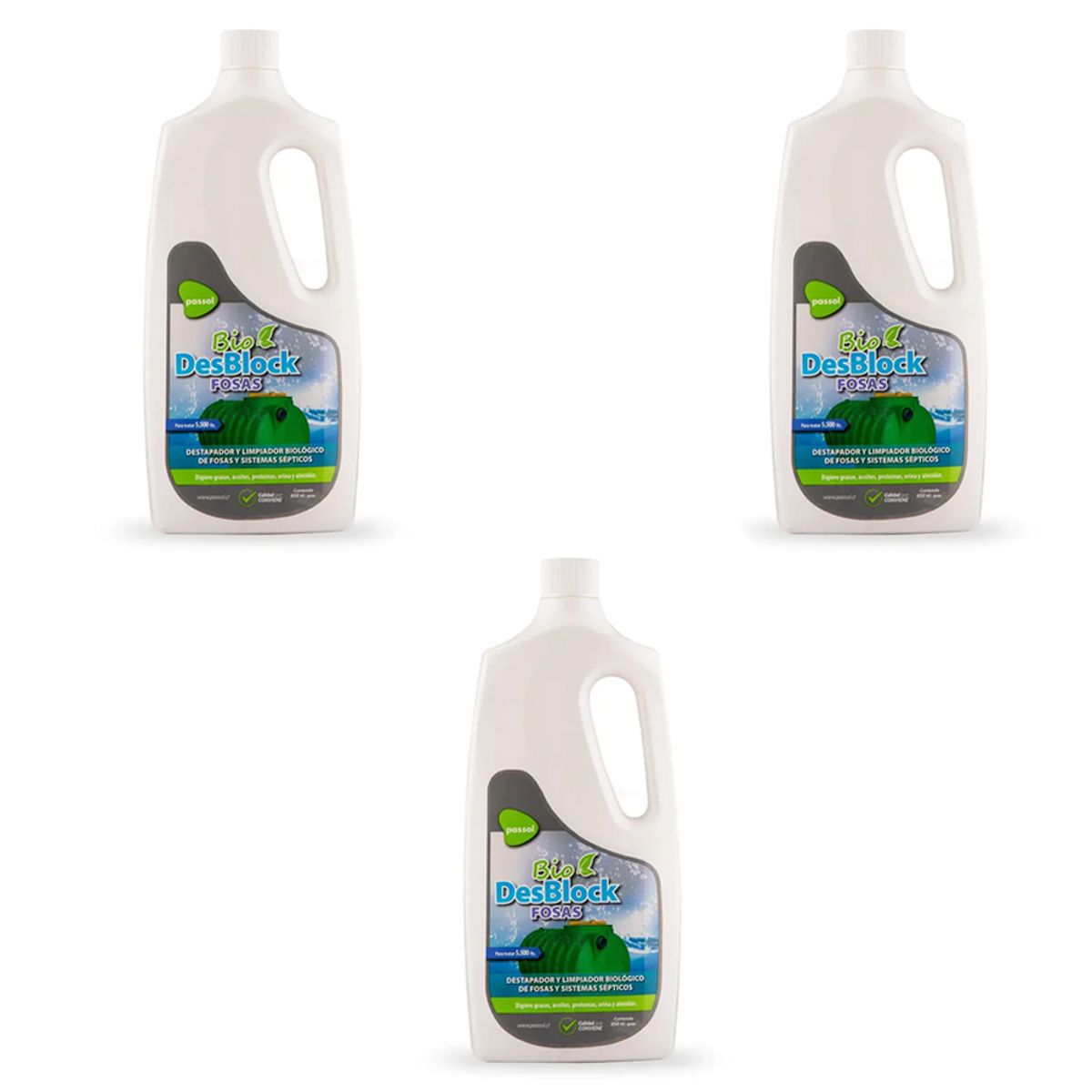 PASSOL - Pack 3 Destapador Limpia Biológico Fosas 950ml Bio Desblock Passol