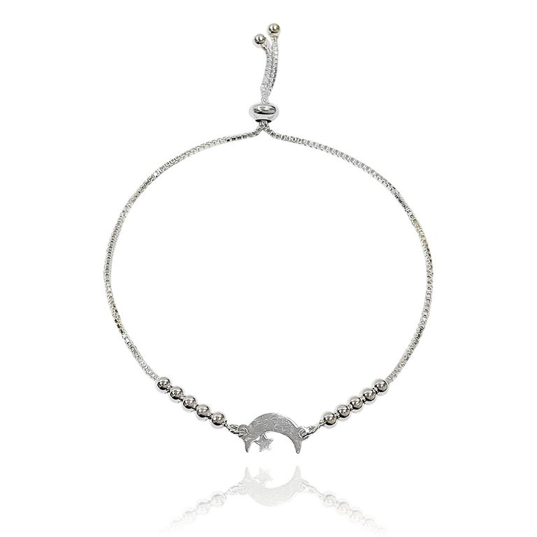 Pulsera Luna Estrella Bolitas Plata Fina 925 Adaptable Plateado TALLA UNICA