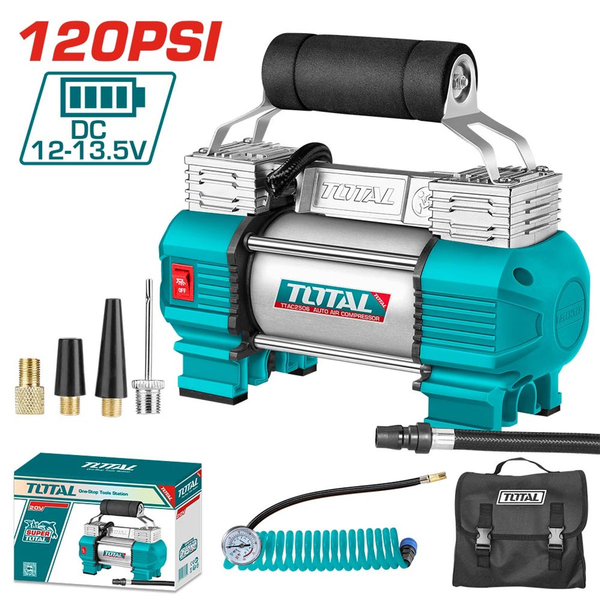 TOTAL TOOLS - Compresor para Auto Industrial 12v 110psi + 6 piezas TOTAL
