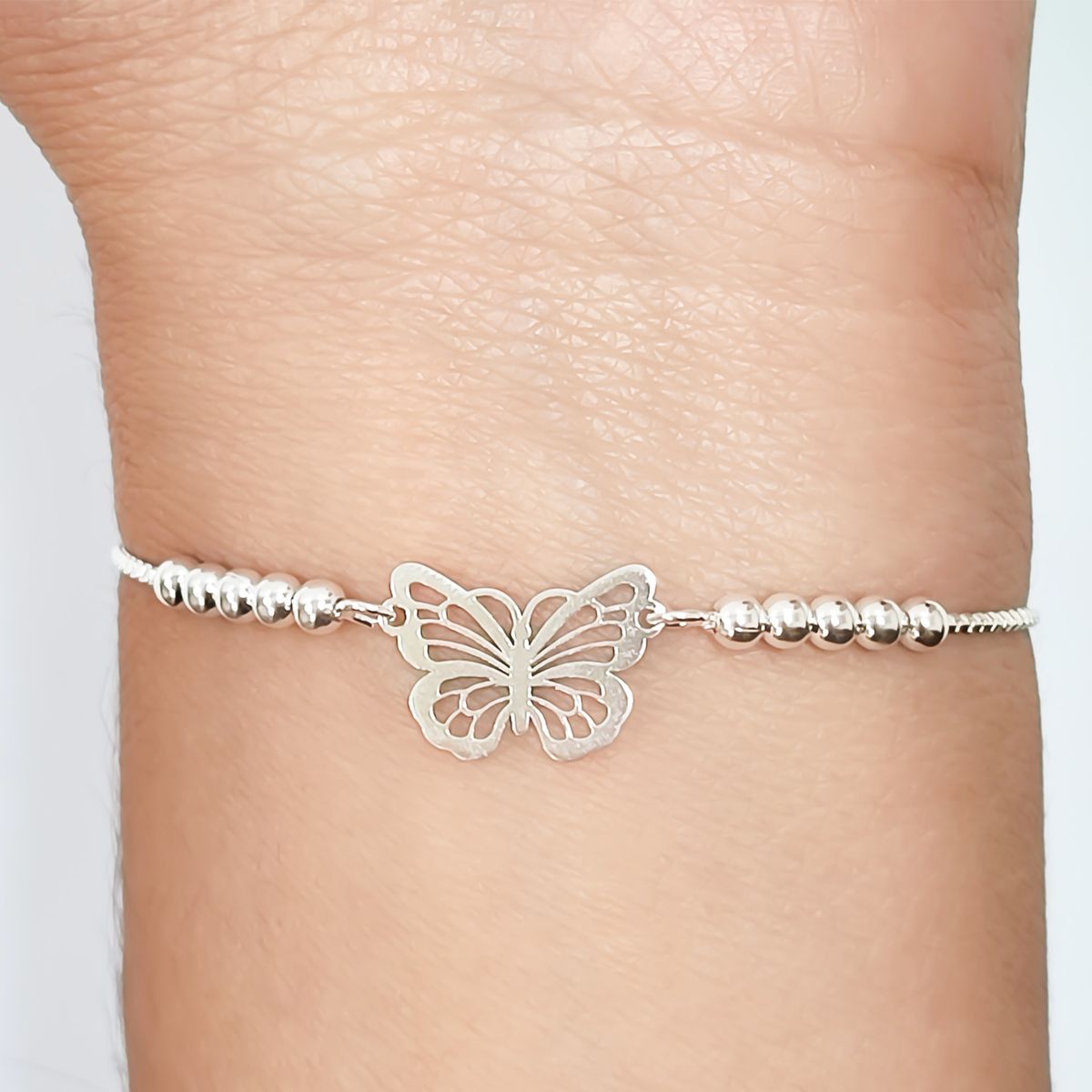 COGGIOLA - Pulsera Mariposa Calada Bolitas Plata Fina 925 Adaptable