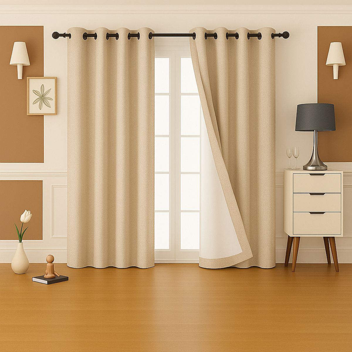 ARMONIA - Cortina 2 Paños Beige - Con Forro Blanco Opaco Elegante