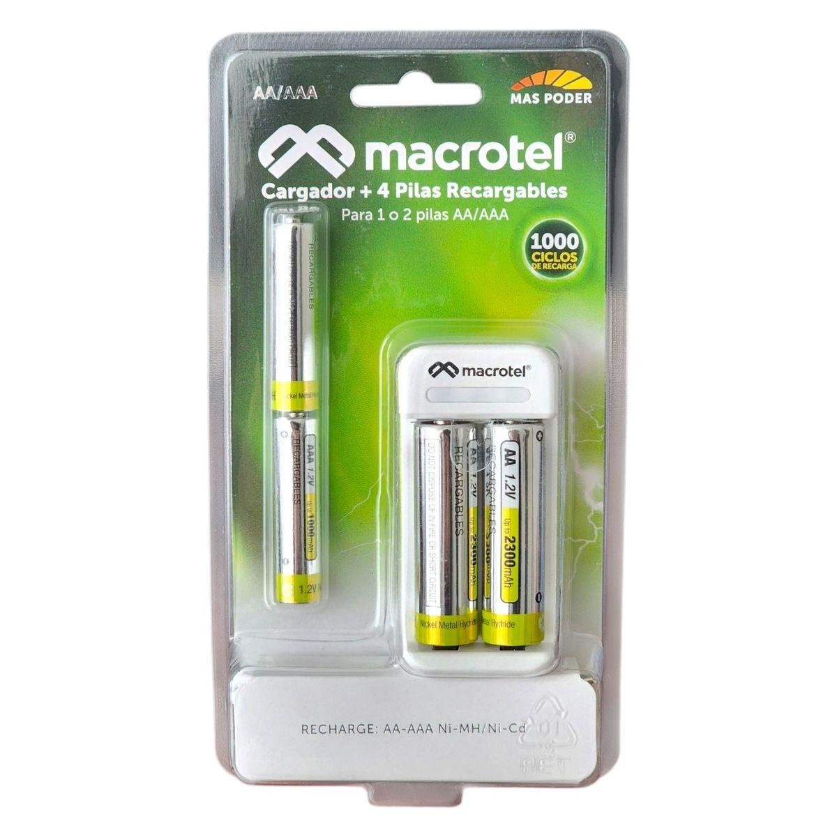 MACROTEL - Cargador + 2 pilas AA + 2 Pilas AAA Recargables Macrotel