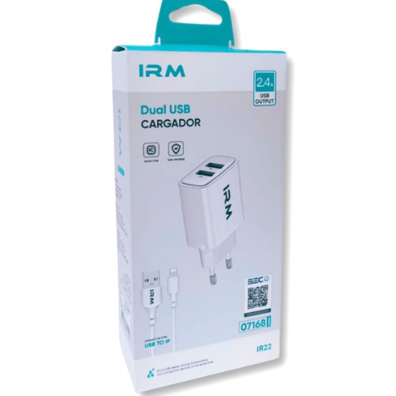 IRM - Cargador Dual 2.4 A IRM Con Cable USB  a Lightning, Blanco