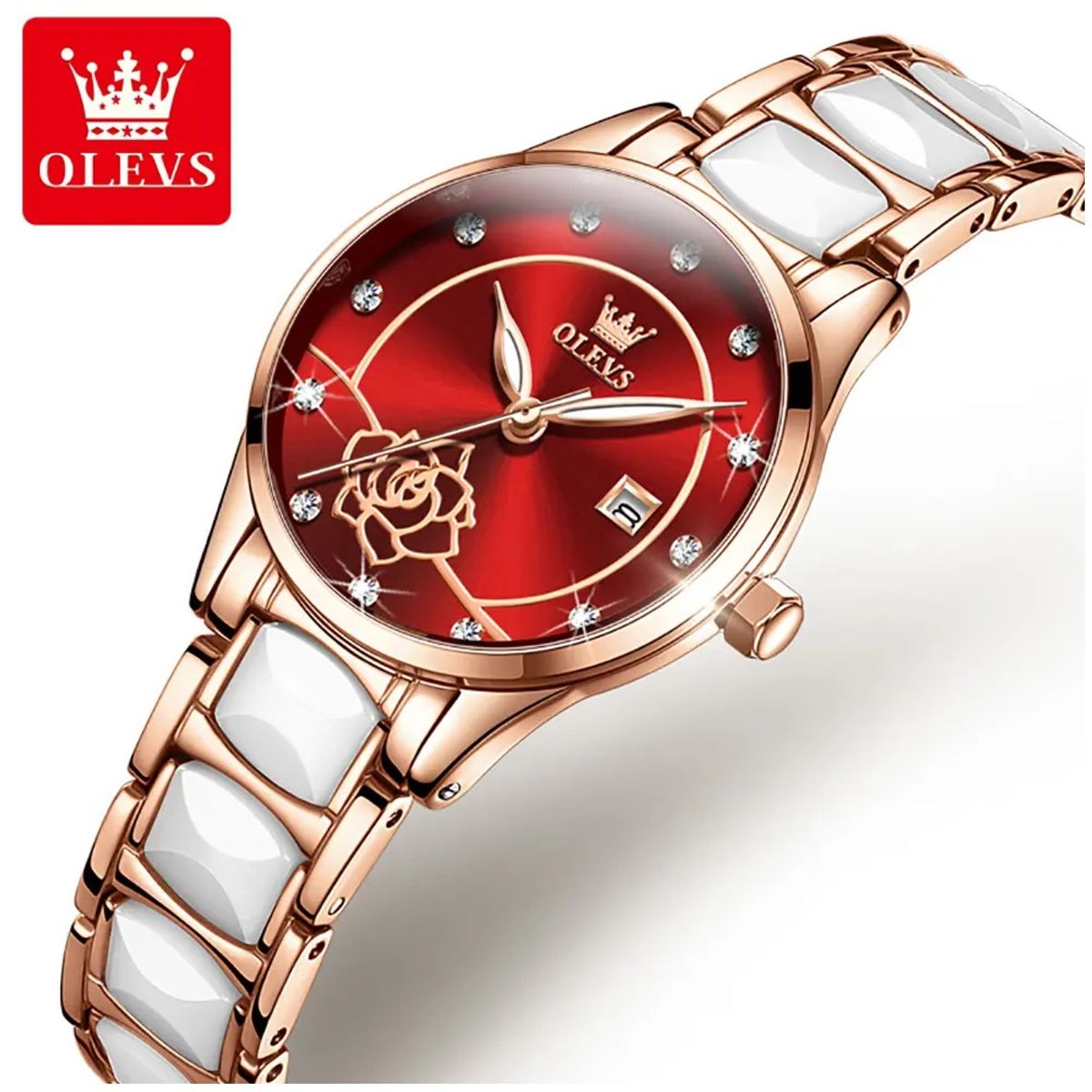 STARTECHOFFICE - Reloj de Pulsera Elegante para Mujer Esfera Roja Cerámica Blanca