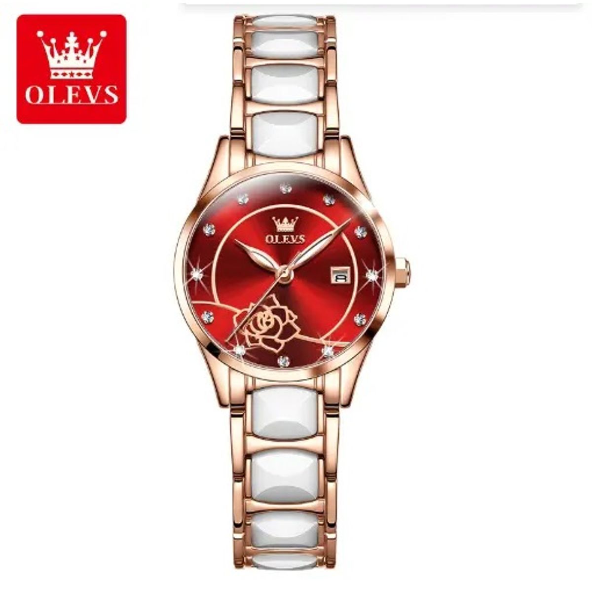 STARTECHOFFICE - Reloj Mujer Elegante Esfera Roja Detalle de Rosa Pulsera Bicolor Resistencia al agua Cerámica Blanca