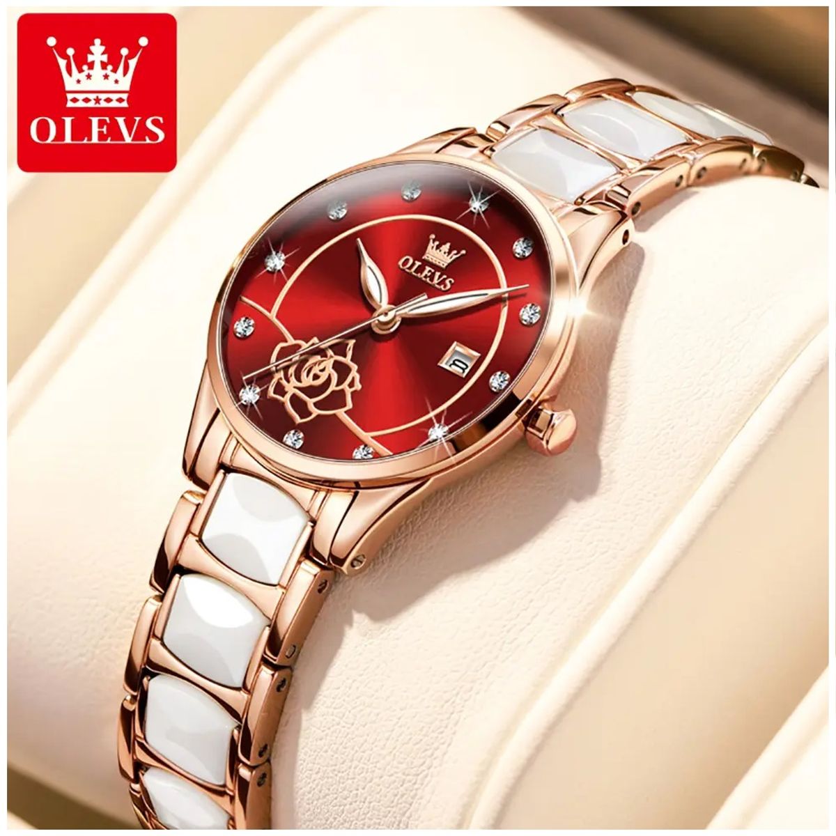 STARTECHOFFICE - Reloj Mujer Elegante Esfera Roja Detalle de Rosa Pulsera Bicolor Resistencia al agua Cerámica Blanca