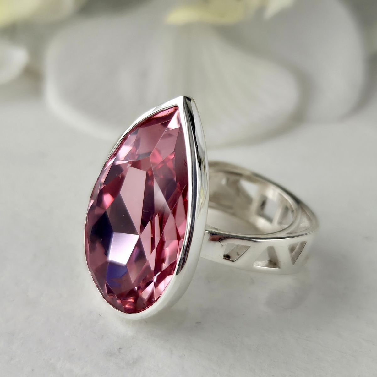 GENERICO - Anillo de Plata 950 Mujer Solitario Cristal Austríaco Rosa Gota