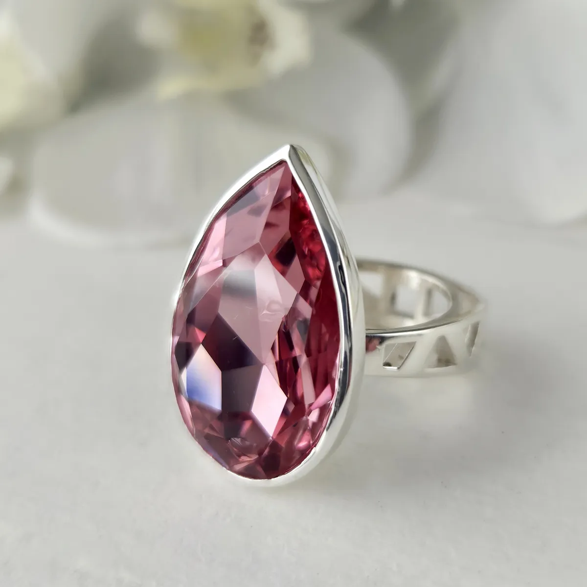 GENERICO - Anillo de Plata 950 Mujer Solitario Cristal Austríaco Rosa Gota