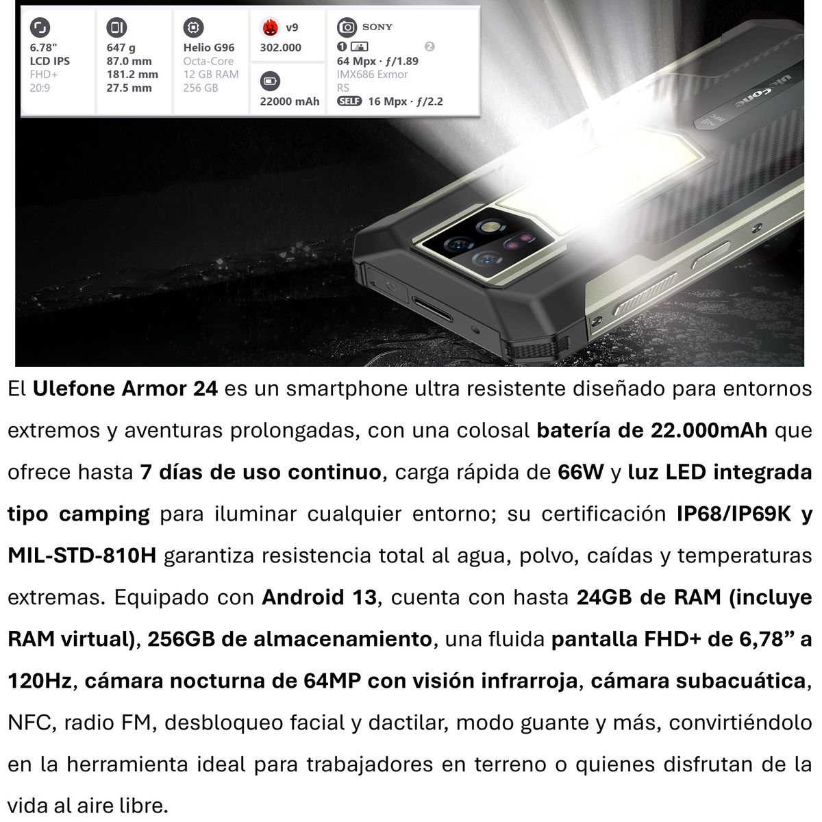 ULEFONE - Ulefone Armor 24  Ultra Resistente con Batería de 22000mAh y Cámara Nocturna de 64MP