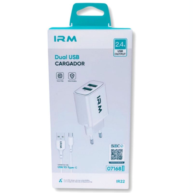 IRM - Cargador Dual 2.4 A IRM Con Cable USB  a tipo C Blanco