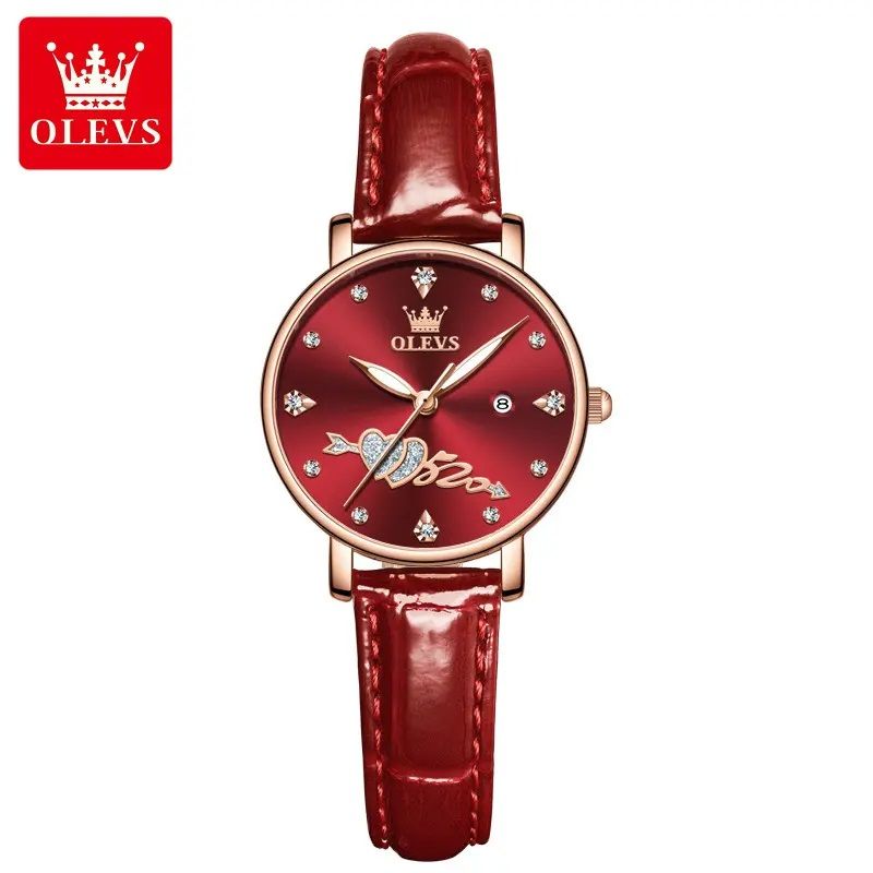 STARTECHOFFICE - Reloj elegante de mujer correa cuero rojo diseño corazón con cristales