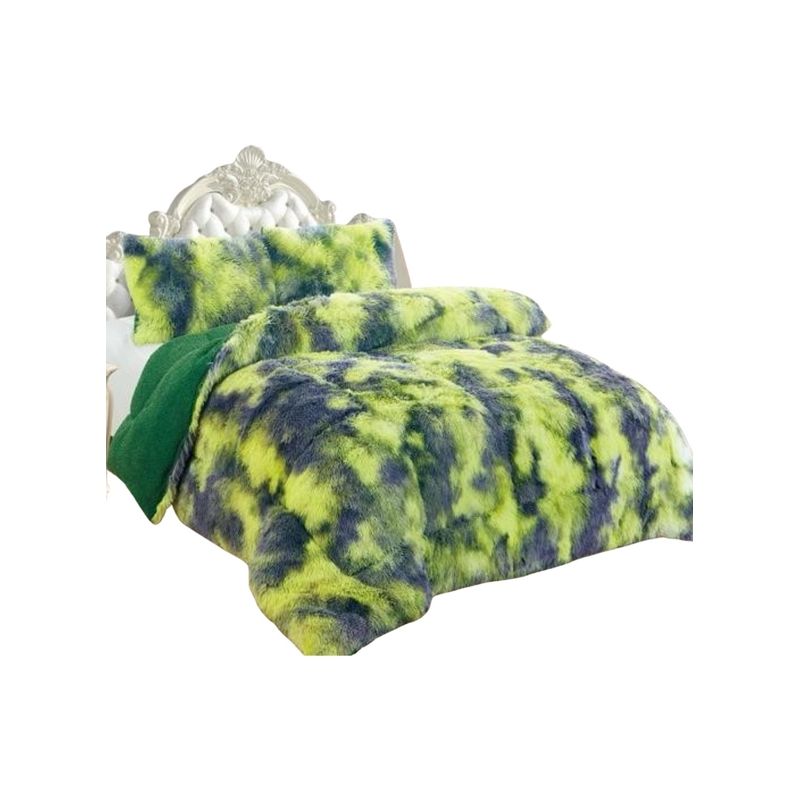 GENERICO - CUBRECAMA PLUSH CON CHIPORRO PELUDO INVIERNO 2 PLAZAS VERDE JASPEADO